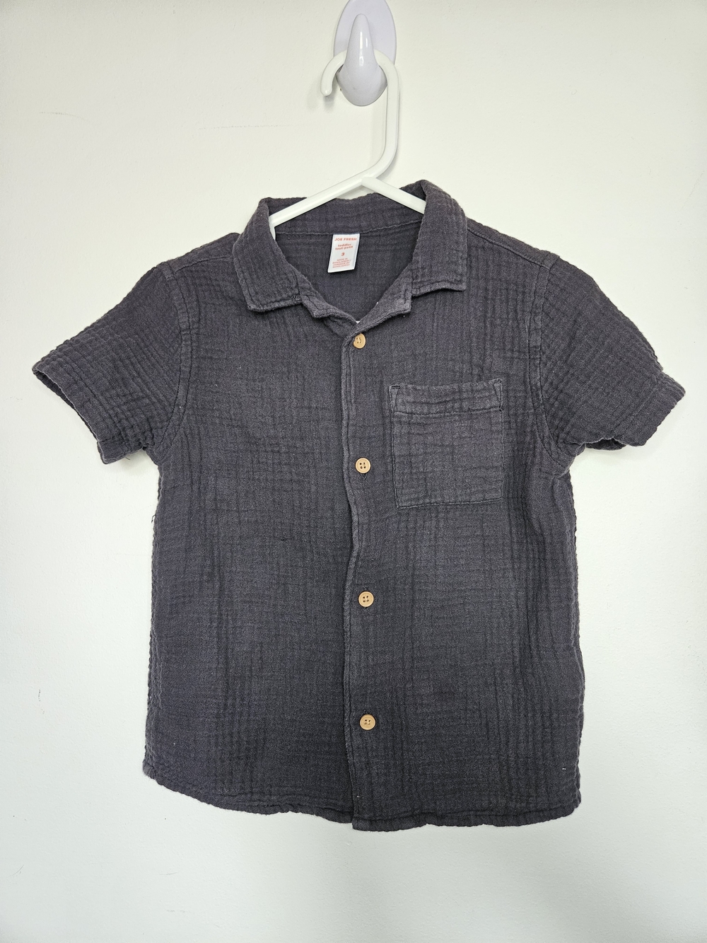 ​Joe Fresh Toddler Charcoal Grey Crinkle Cotton Gauze Short Sleeve Button Down